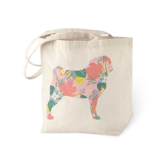Floral Pug Canvas Tote Bag - Picture 1 of 4